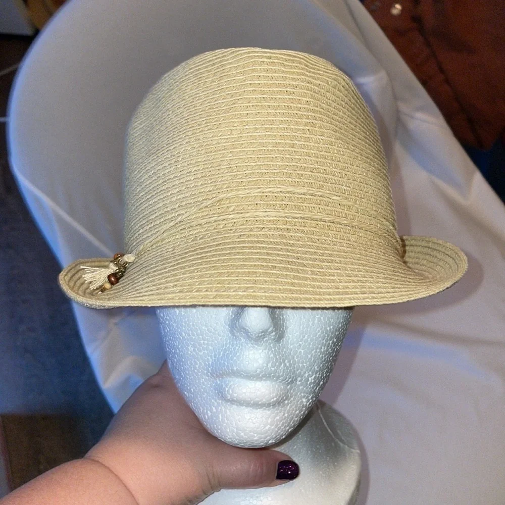 Nine West Straw Fedora Hat with Bead Tassel Charm Details Tan